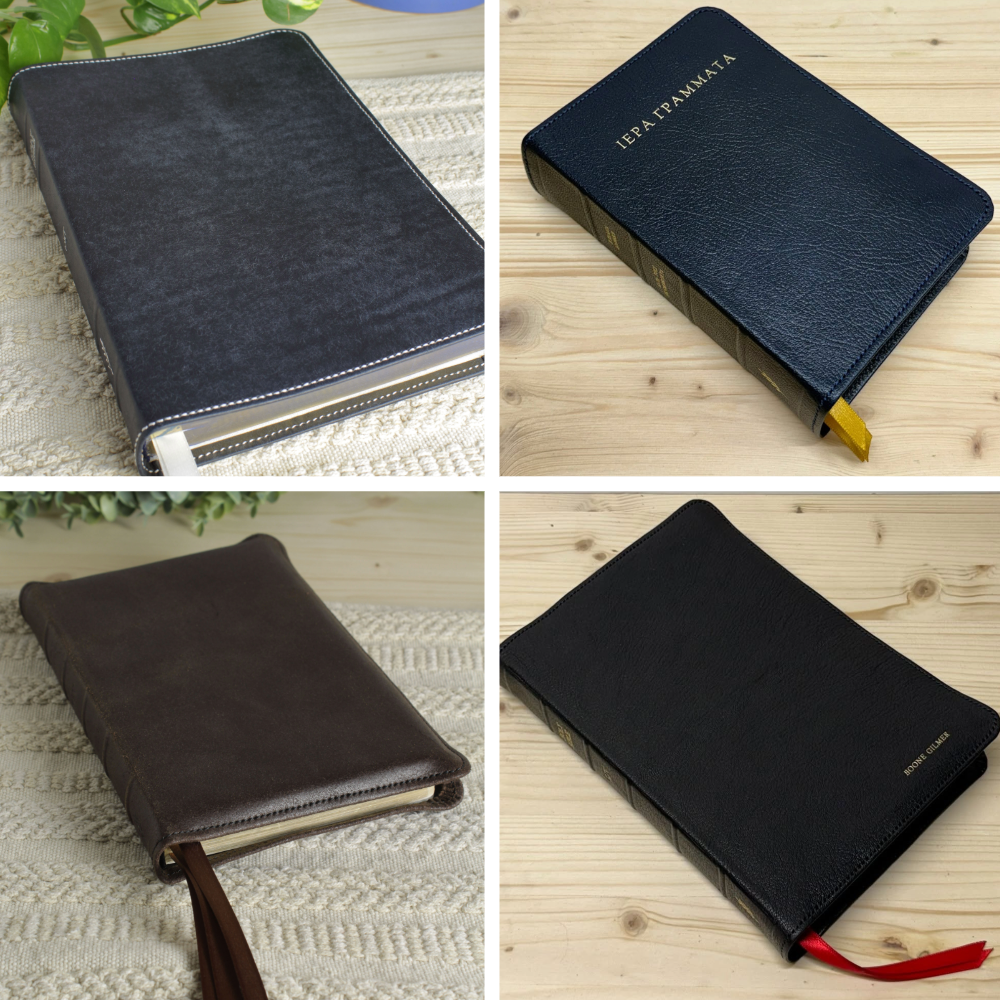 Collage showing cover leather examples on rebound Bibles