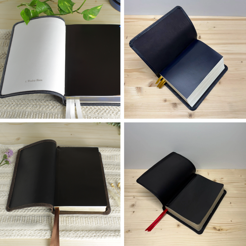 Collage showing liner leather examples inside rebound Bibles